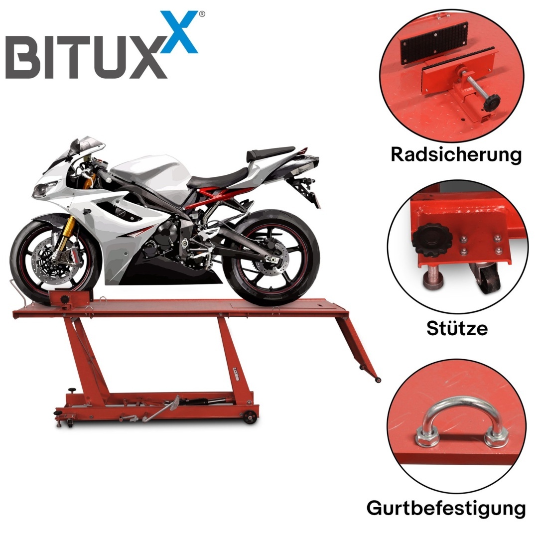 Hydraulický motocyklový zvedák Bituxx 460 kg červený, servisní rampa MS19721
